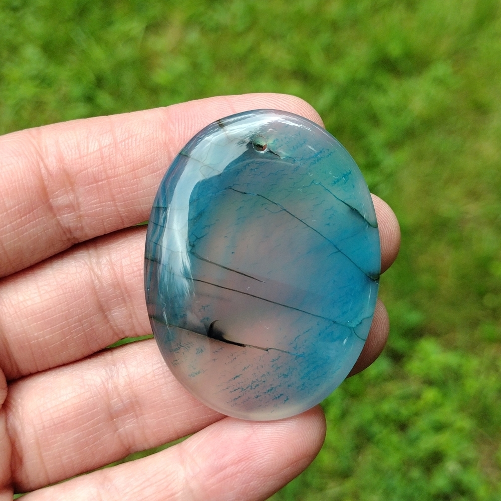 Blue And Blackoval Dragon's Veins Agate Pendant Gemstone
